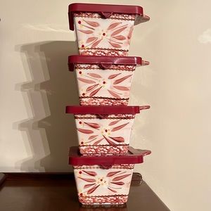 TEMP-TATIONS Old World Cranberry Red ovenware Set - 4 Individ. Sq Bakers w Lids